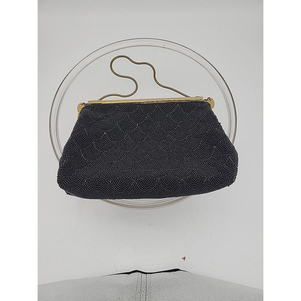 Vintage Black Glass Seed Bead France Clutch Bag Purse Evening Gown Formal